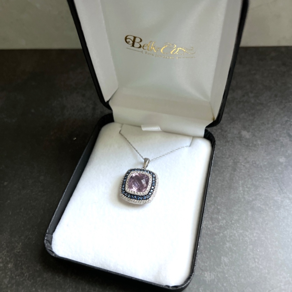 LeVian 14K White Gold Princes Cut Amethyst With Sapphire & Diamond Halo Pendant